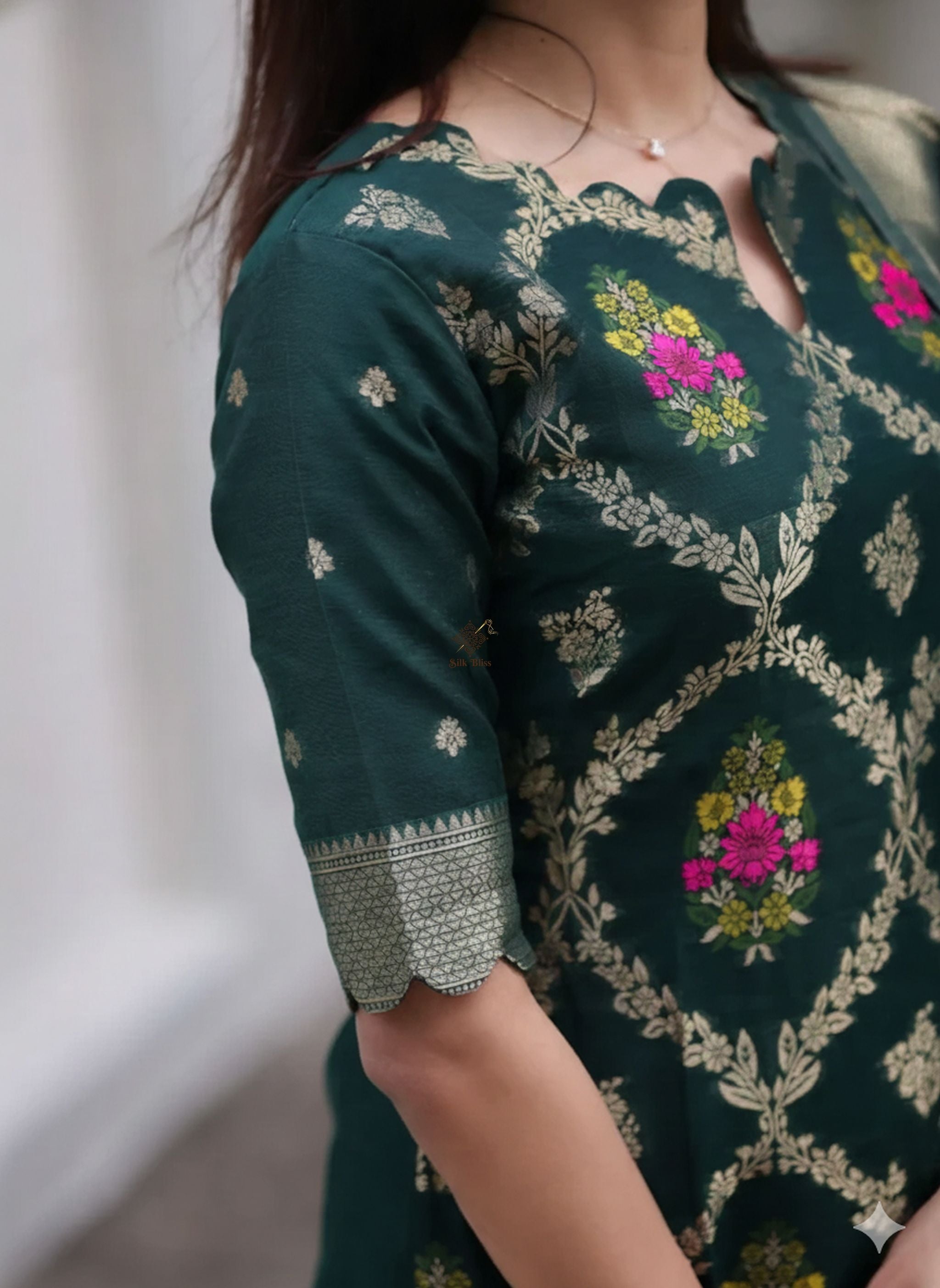 Bottle Green Banarasi Cotton-Blend Salwar Suit with Scalloped Neckline & Floral Zari