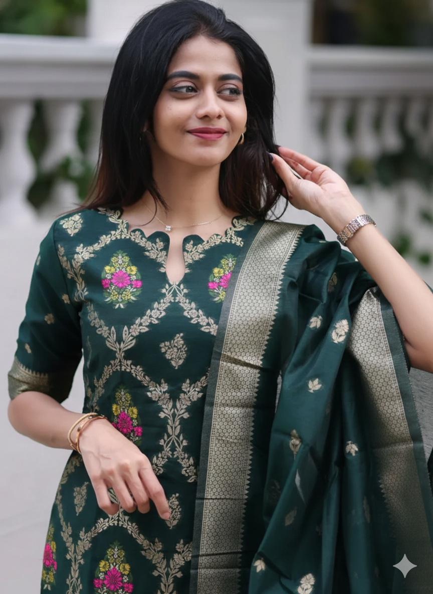 Women Ethnic Motifs Regular Pure Cotton Kurta with Trousers & With Dupatta