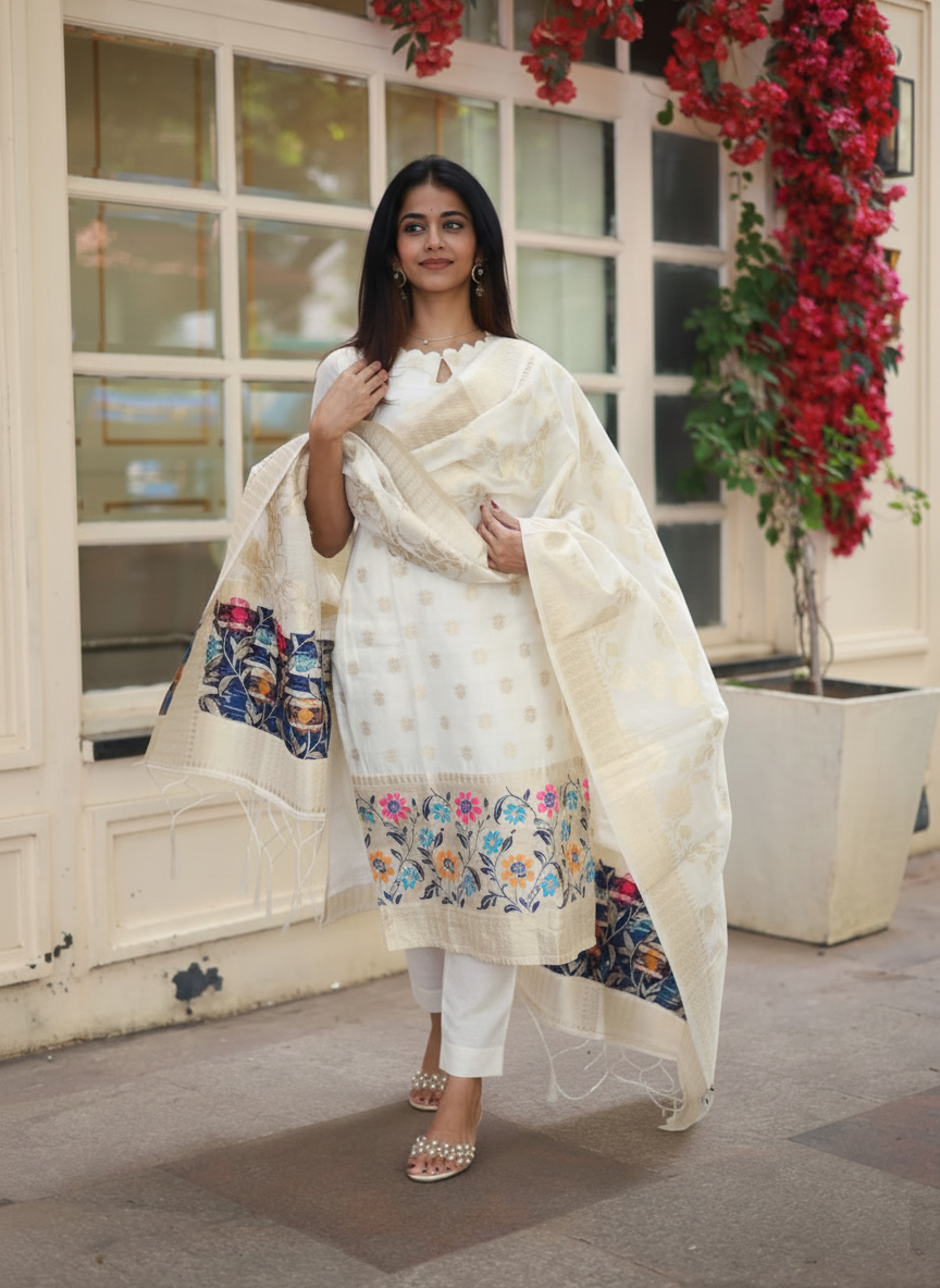 Woven Cotton Kurta Set with Dupatta – Lightweight Daily Wear | SilkBliss Fashion