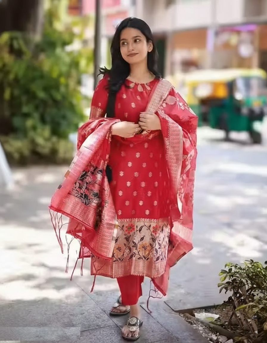 Women Ethnic Motifs Printed Regular Pure Cotton Kurta with Trousers & With Dupatta