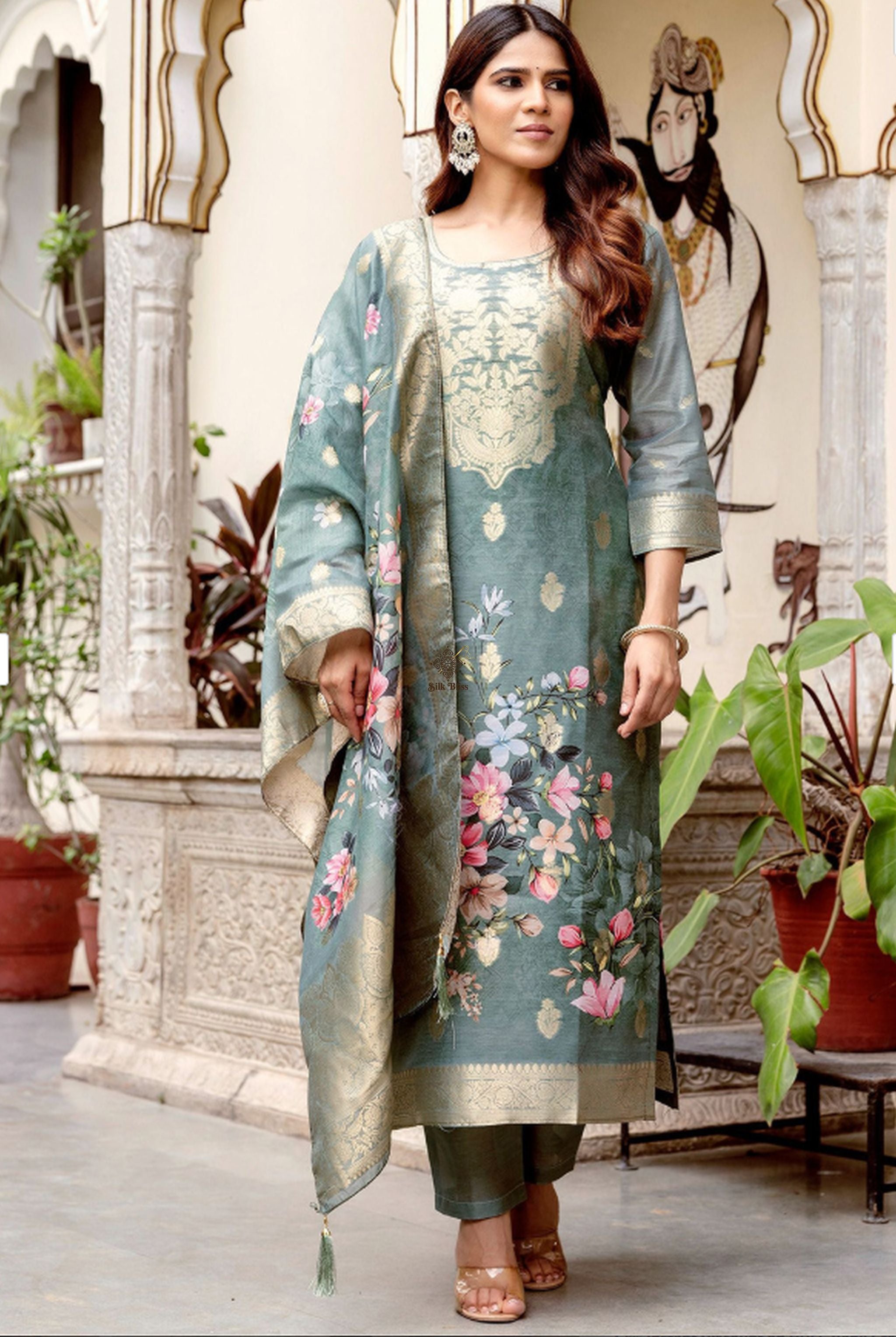 Women's Sea Green Woven Silk-Cotton Blend Salwar Kameez with Floral Motif & Tassels
