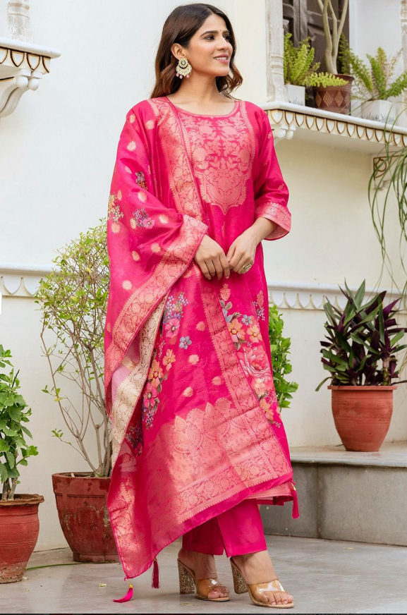 Royal Forest Green Silk Suit Set with Gold Zari Yoke & Ornate Banarasi Dupatta