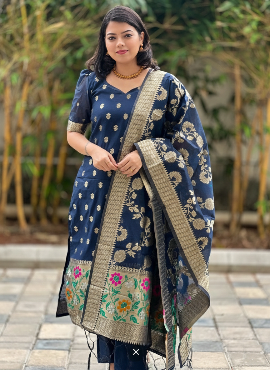 Navy Blue Woven Cotton Kurta Set with Rich Dupatta – Festive Ethnic Wear | SilkBliss Fashion