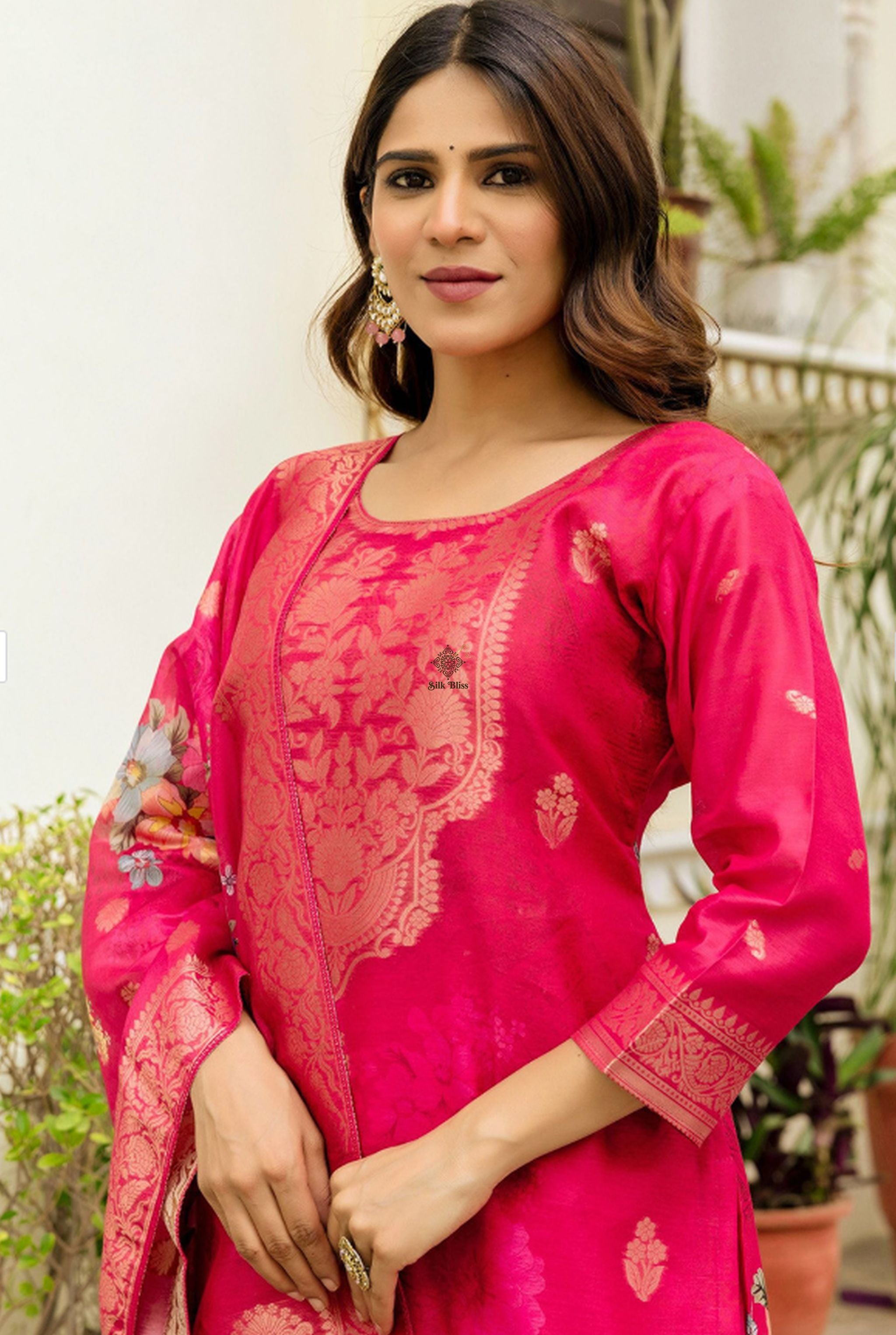 Rani Pink Banarasi Cotton-Blend Suit Set with Floral Digital Print & Zari Yoke