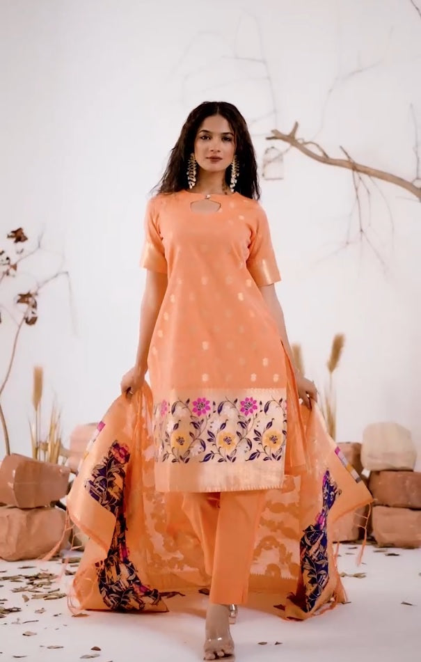 Women Ethnic Motifs Regular Pure Cotton Kurta with Trousers & With Dupatta