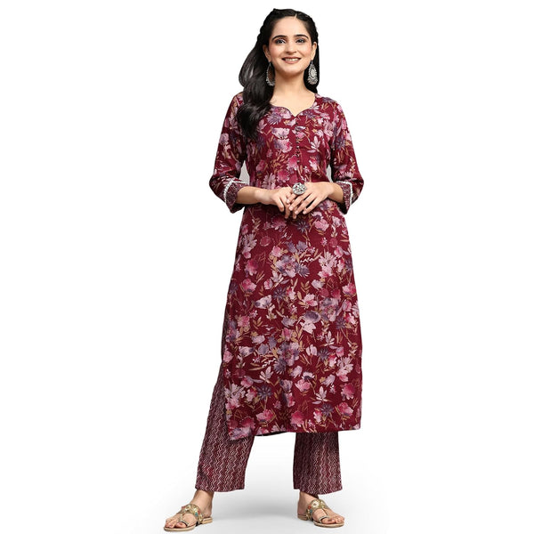 Women's Cotton Blend 3/4 Sleeve Soft Fabric Printed A-Line Stiched Kurti with Pant Set (V-Neck)