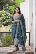 Women's Deep Teal Blue Woven Design Kurta with Trousers & Sheer Dupatta Set - Image 2