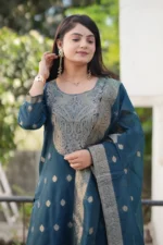 Women's Deep Teal Blue Woven Design Kurta with Trousers & Sheer Dupatta Set - Image 3