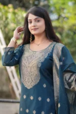 Women's Deep Teal Blue Woven Design Kurta with Trousers & Sheer Dupatta Set - Image 4