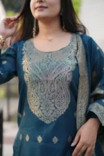 Women's Deep Teal Blue Woven Design Kurta with Trousers & Sheer Dupatta Set - Image 5