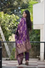 Vibrant Purple Woven Cotton Banarasi Kurta & Dupatta Set with Pant - Image 2