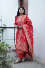 Festive Woven Gold Banarasi-Style Salwar Kameez Set in Red - Image 4