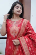 Festive Woven Gold Banarasi-Style Salwar Kameez Set in Red - Image 2