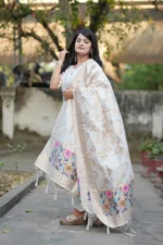 Festive Woven Gold Banarasi-Style Salwar Kameez Set in White - Image 3