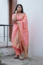 Festive Woven Gold Banarasi-Style Salwar Kameez Set in Orange - Image 4