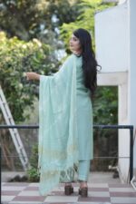 Festive Woven Gold Banarasi-Style Salwar Kameez Set in Green - Image 2