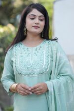 Festive Woven Gold Banarasi-Style Salwar Kameez Set in Green - Image 3