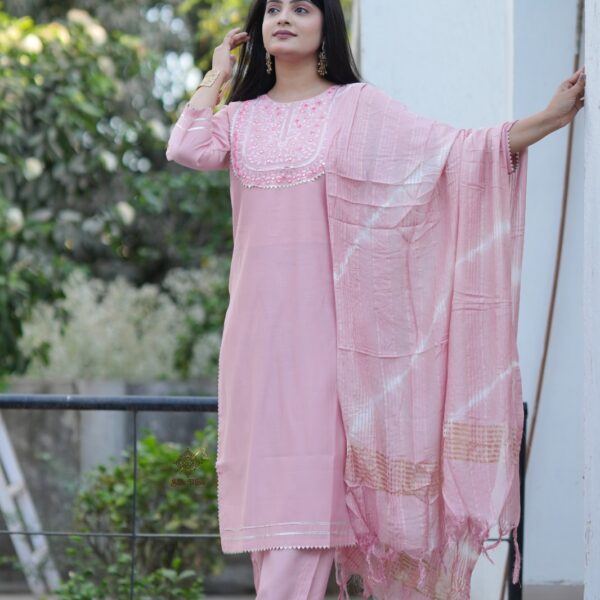 Festive Woven Gold Banarasi-Style Salwar Kameez Set in Deep Light Pink