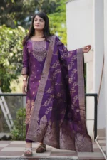 Vibrant Purple Woven Cotton Banarasi Kurta & Dupatta Set with Pant