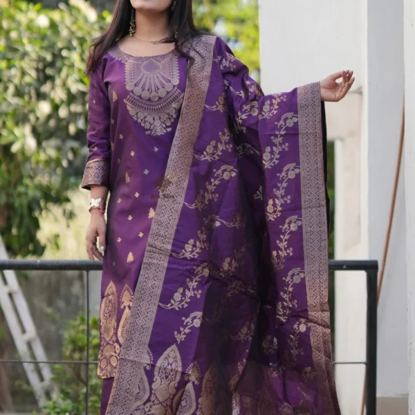 Vibrant Purple Woven Cotton Banarasi Kurta & Dupatta Set with Pant