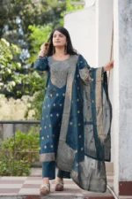 Women's Deep Teal Blue Woven Design Kurta with Trousers & Sheer Dupatta Set