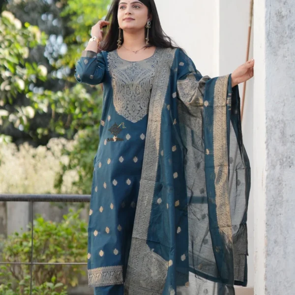 Women's Deep Teal Blue Woven Design Kurta with Trousers & Sheer Dupatta Set