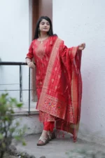 Festive Woven Gold Banarasi-Style Salwar Kameez Set in Red
