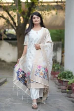 Festive Woven Gold Banarasi-Style Salwar Kameez Set in White