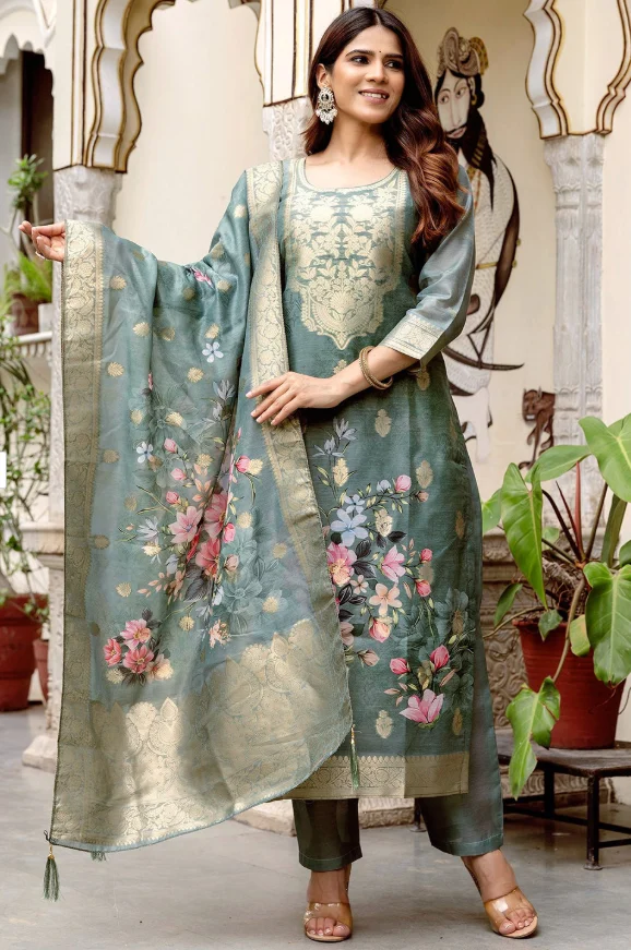 1 Mint Bloom Fusion Weave Cotton Blend Ensemble - Image 1