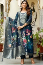 Royal Teal Jacquard WORK WITH Digital Print Suit Set