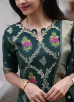 Elegant Bottle Green Jacquard Kurta Set with Woven Dupatta - Image 6