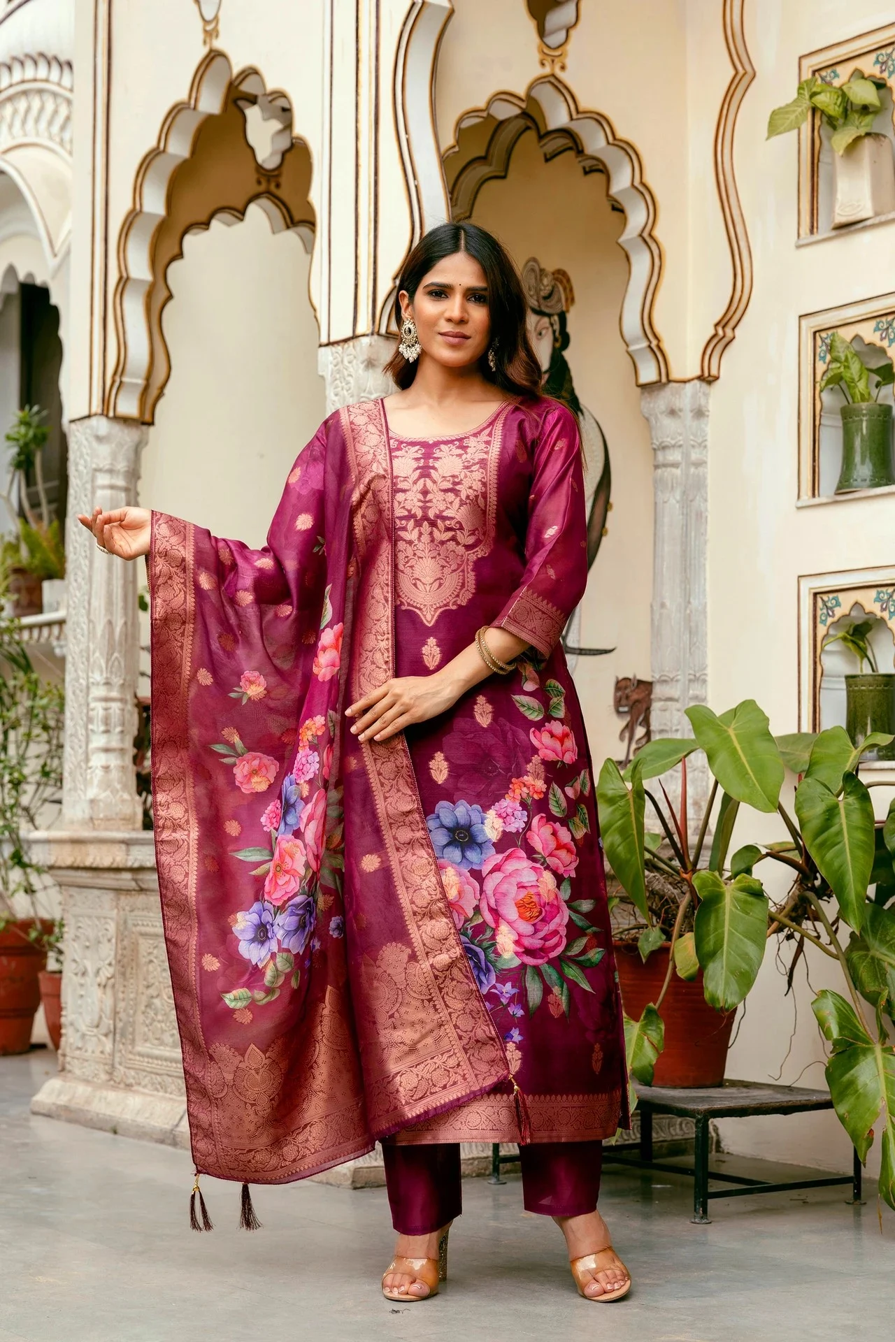 1 Classic Beet Jacquard Kurta Set with Floral Digital Dupatta - Image 1