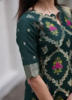 Elegant Bottle Green Jacquard Kurta Set with Woven Dupatta - Image 5