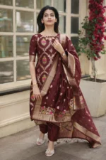 Classic Wine Cotton Blend Jacquard Suit with Traditional Dupatta
