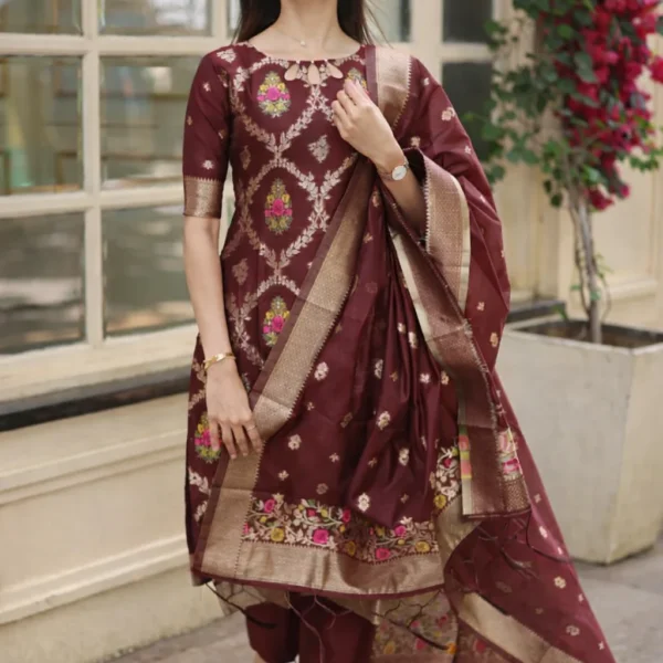 Classic Wine Cotton Blend Jacquard Suit with Traditional Dupatta