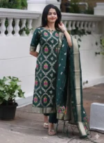 Elegant Bottle Green Jacquard Kurta Set with Woven Dupatta