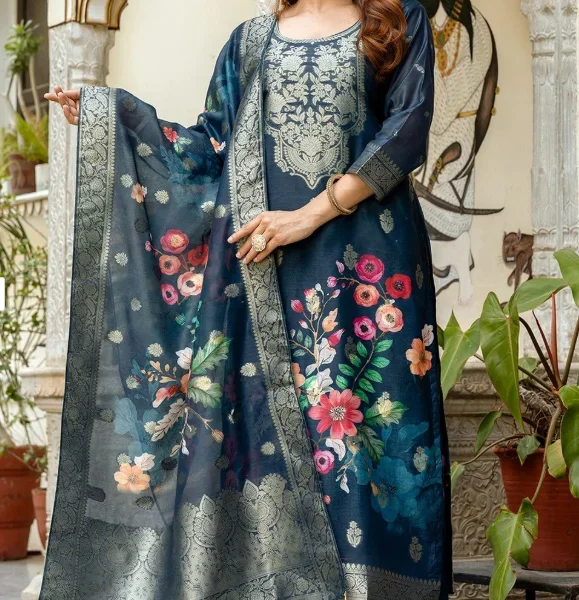 Royal Teal Jacquard WORK WITH Digital Print Suit Set