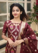 Classic Wine Cotton Blend Jacquard Suit with Traditional Dupatta - Image 2