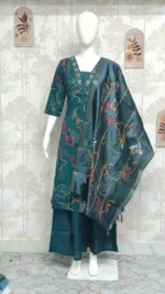 Deep Teal Cotton Blend Kurta Set with Intricate Hand-Embroidered V-Neck & Zari Accents