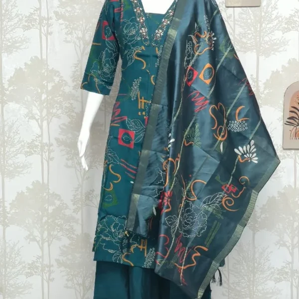 Deep Teal Cotton Blend Kurta Set with Intricate Hand-Embroidered V-Neck & Zari Accents