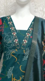 Deep Teal Cotton Blend Kurta Set with Intricate Hand-Embroidered V-Neck & Zari Accents - Image 3