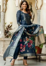 Royal Teal Jacquard WORK WITH Digital Print Suit Set - Image 3