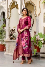 Classic Beet Jacquard Kurta Set with Floral Digital Dupatta - Image 2
