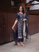 Deep Navy Jacquard Suit Set with Zari Border Dupatta