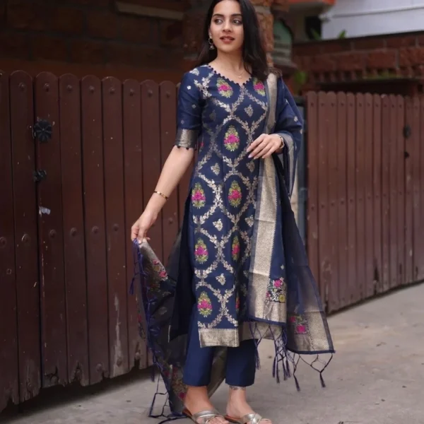 Deep Navy Jacquard Suit Set with Zari Border Dupatta