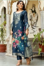 Royal Teal Jacquard WORK WITH Digital Print Suit Set - Image 4