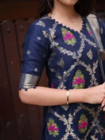 Deep Navy Jacquard Suit Set with Zari Border Dupatta - Image 4