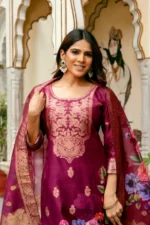 Classic Beet Jacquard Kurta Set with Floral Digital Dupatta - Image 3