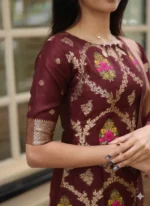 Classic Wine Cotton Blend Jacquard Suit with Traditional Dupatta - Image 4