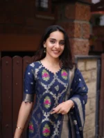 Deep Navy Jacquard Suit Set with Zari Border Dupatta - Image 2